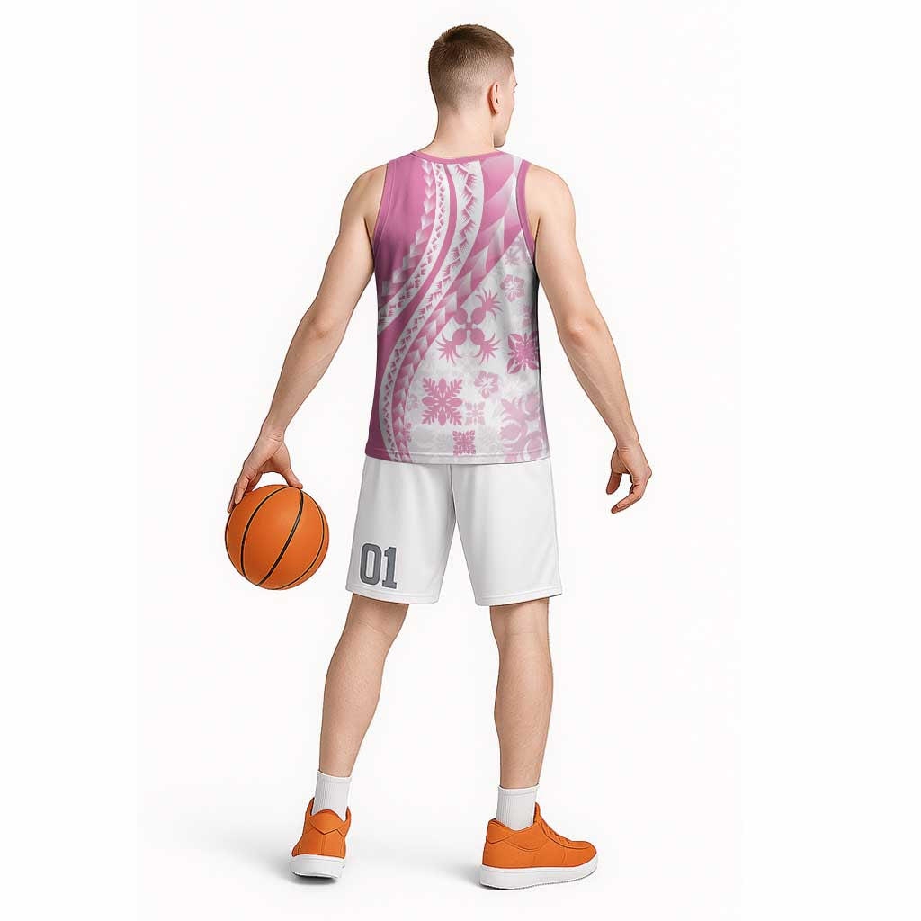 Pink Hawaiian Quilt Pattern Basketball Jersey Mixed Polynesian Tribal Arty - Polynesian Pride