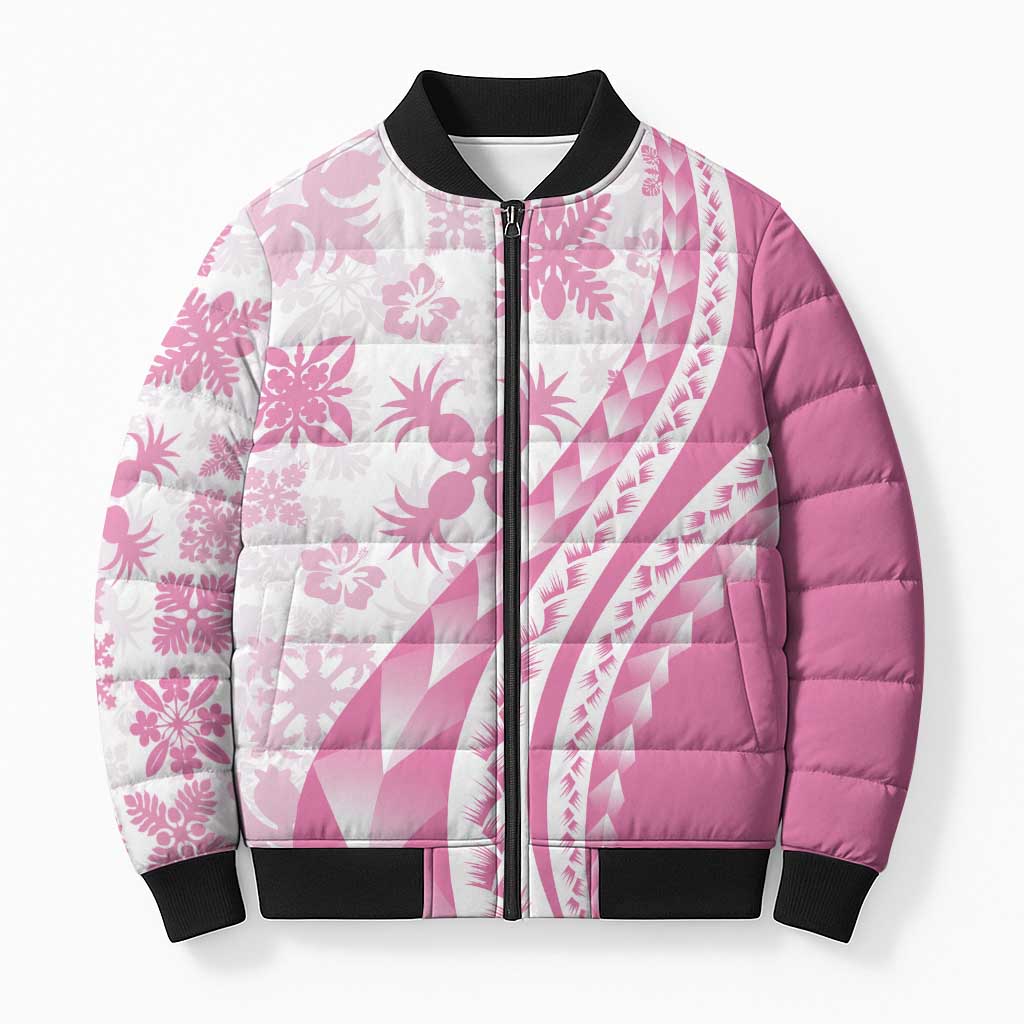 Pink Hawaiian Quilt Pattern Bomber Puffer Jacket Mixed Polynesian Tribal Arty - Polynesian Pride