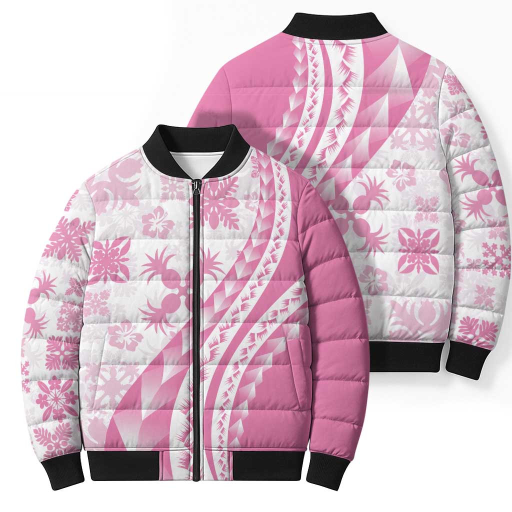 Pink Hawaiian Quilt Pattern Bomber Puffer Jacket Mixed Polynesian Tribal Arty - Polynesian Pride