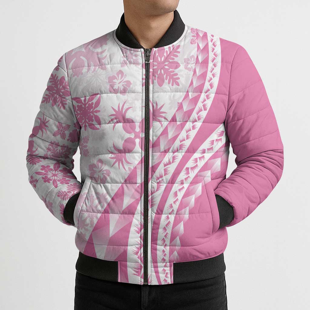 Pink Hawaiian Quilt Pattern Bomber Puffer Jacket Mixed Polynesian Tribal Arty - Polynesian Pride