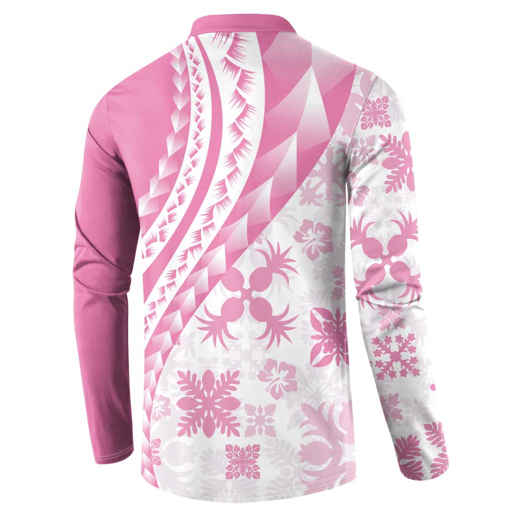 Pink Hawaiian Quilt Pattern Button Sweatshirt Mixed Polynesian Tribal Arty