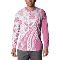 Pink Hawaiian Quilt Pattern Button Sweatshirt Mixed Polynesian Tribal Arty