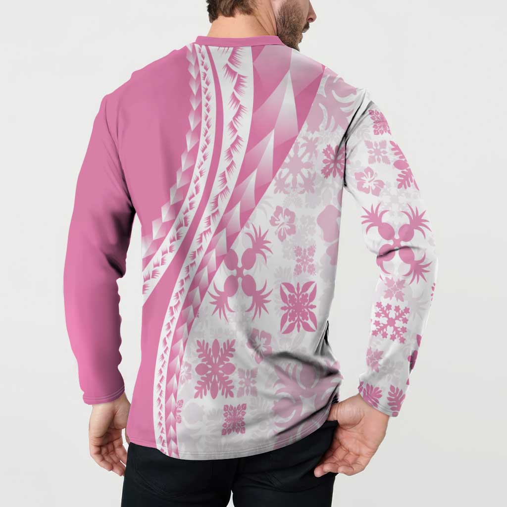 Pink Hawaiian Quilt Pattern Button Sweatshirt Mixed Polynesian Tribal Arty