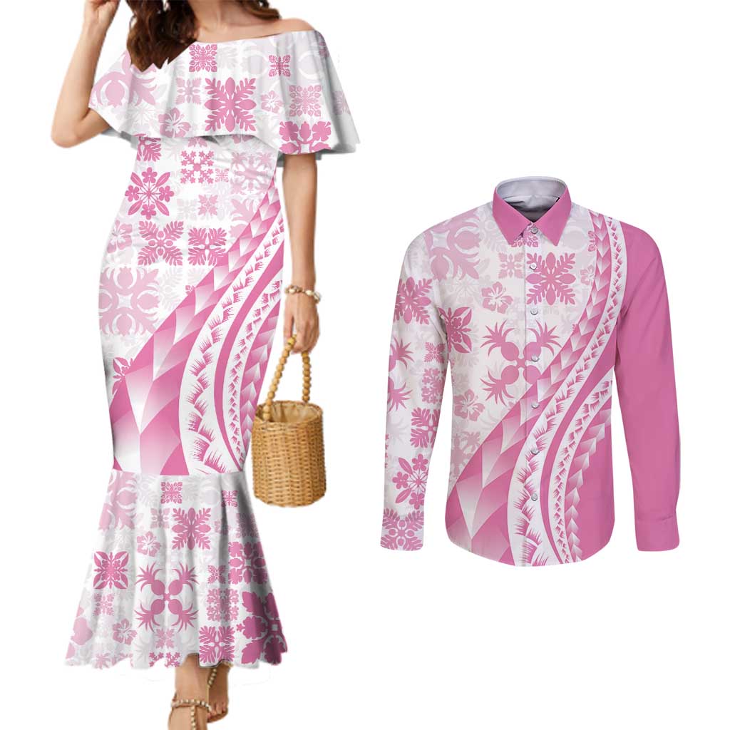Pink Hawaiian Quilt Pattern Couples Matching Mermaid Dress and Long Sleeve Button Shirt Mixed Polynesian Tribal Arty