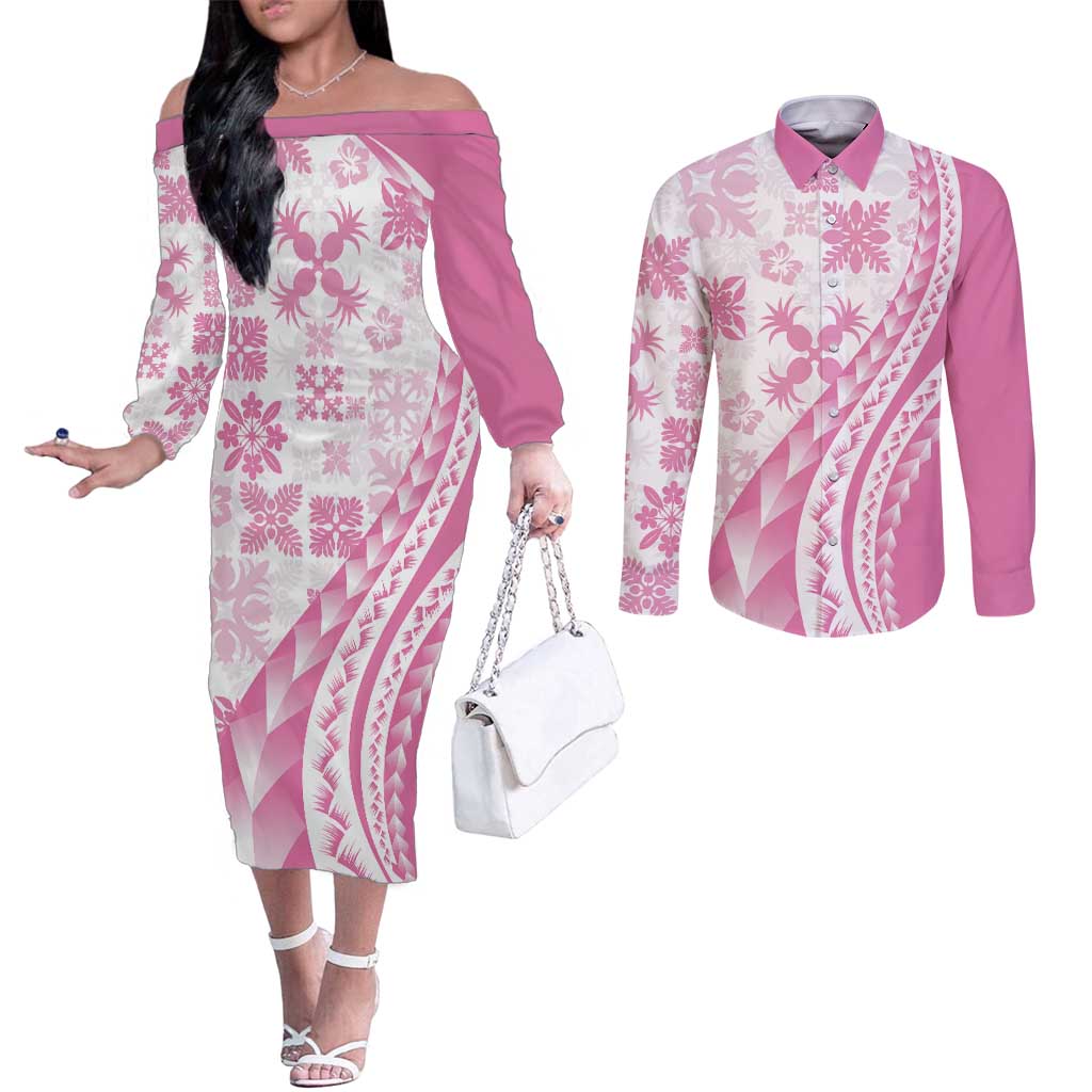 Pink Hawaiian Quilt Pattern Couples Matching Off The Shoulder Long Sleeve Dress and Long Sleeve Button Shirt Mixed Polynesian Tribal Arty