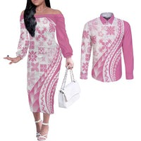 Pink Hawaiian Quilt Pattern Couples Matching Off The Shoulder Long Sleeve Dress and Long Sleeve Button Shirt Mixed Polynesian Tribal Arty