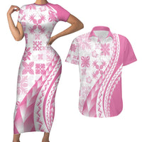Pink Hawaiian Quilt Pattern Couples Matching Short Sleeve Bodycon Dress and Hawaiian Shirt Mixed Polynesian Tribal Arty