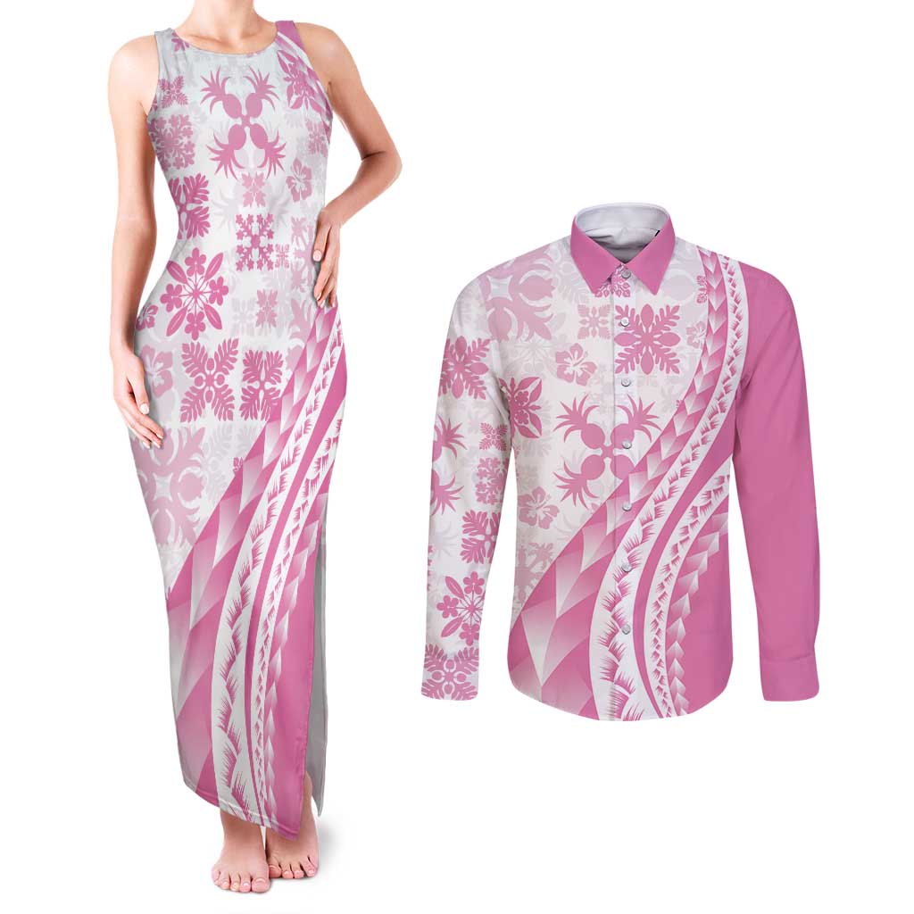 Pink Hawaiian Quilt Pattern Couples Matching Tank Maxi Dress and Long Sleeve Button Shirt Mixed Polynesian Tribal Arty