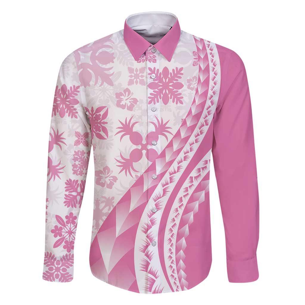 Pink Hawaiian Quilt Pattern Family Matching Long Sleeve Bodycon Dress and Hawaiian Shirt Mixed Polynesian Tribal Arty
