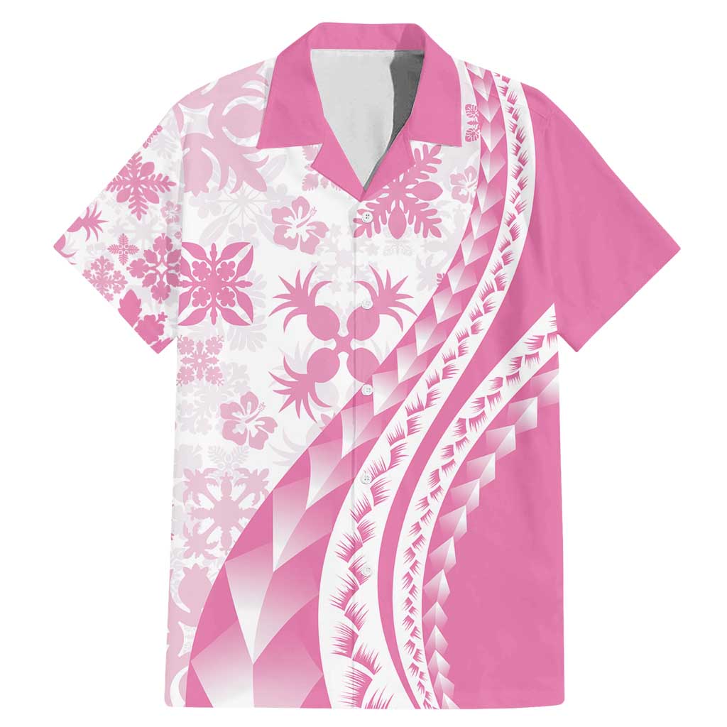 Pink Hawaiian Quilt Pattern Family Matching Mermaid Dress and Hawaiian Shirt Mixed Polynesian Tribal Arty