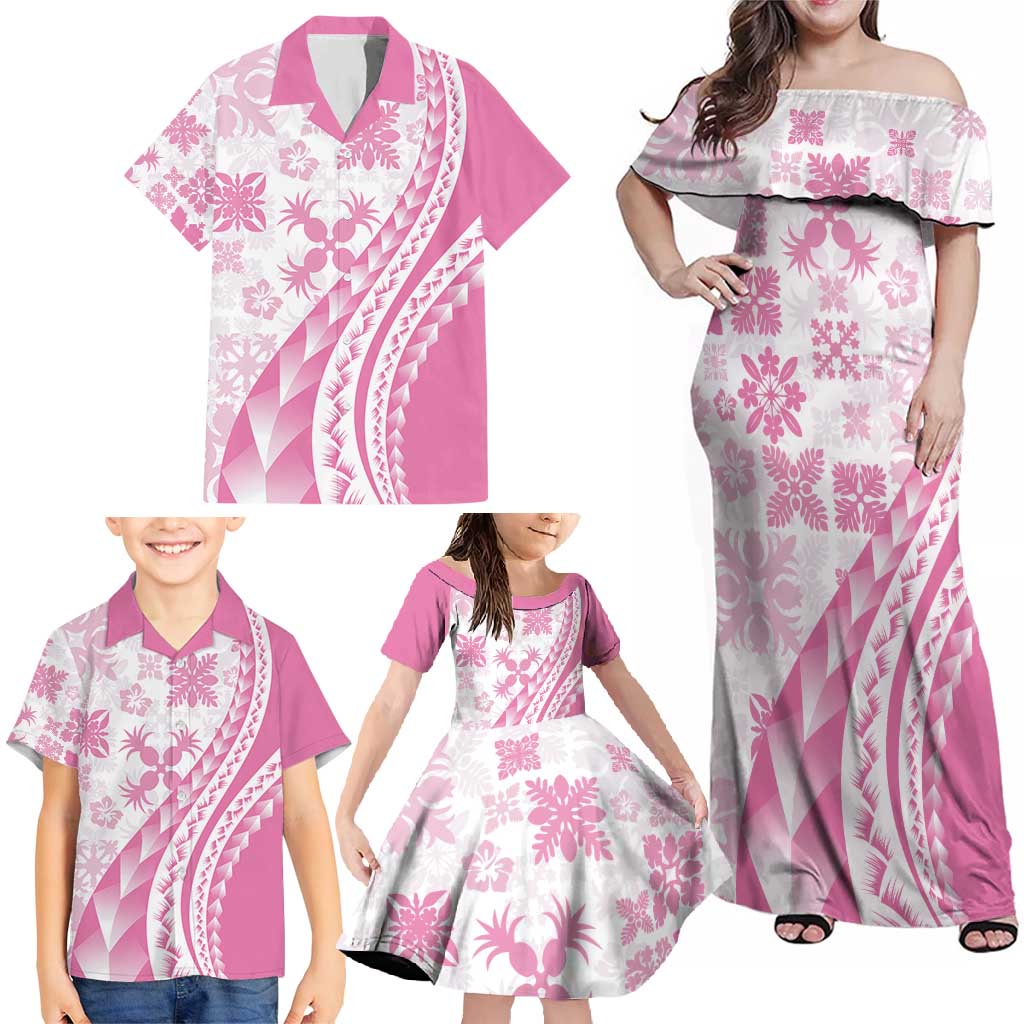 Pink Hawaiian Quilt Pattern Family Matching Off Shoulder Maxi Dress and Hawaiian Shirt Mixed Polynesian Tribal Arty