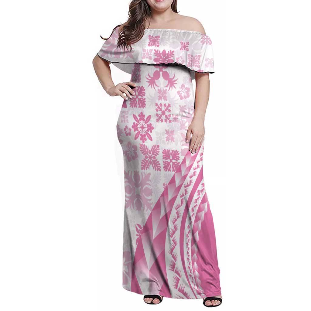 Pink Hawaiian Quilt Pattern Family Matching Off Shoulder Maxi Dress and Hawaiian Shirt Mixed Polynesian Tribal Arty