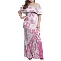 Pink Hawaiian Quilt Pattern Family Matching Off Shoulder Maxi Dress and Hawaiian Shirt Mixed Polynesian Tribal Arty