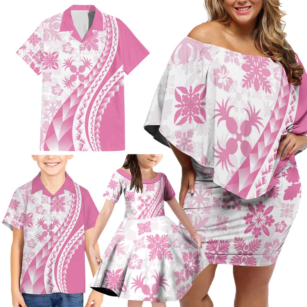Pink Hawaiian Quilt Pattern Family Matching Off Shoulder Short Dress and Hawaiian Shirt Mixed Polynesian Tribal Arty