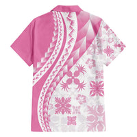 Pink Hawaiian Quilt Pattern Family Matching Off Shoulder Short Dress and Hawaiian Shirt Mixed Polynesian Tribal Arty