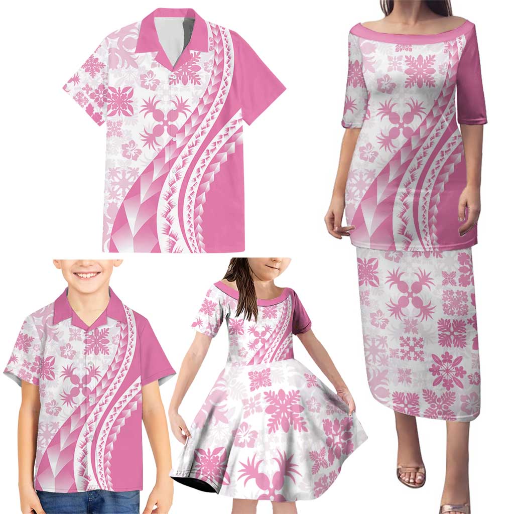 Pink Hawaiian Quilt Pattern Family Matching Puletasi and Hawaiian Shirt Mixed Polynesian Tribal Arty