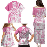 Pink Hawaiian Quilt Pattern Family Matching Puletasi and Hawaiian Shirt Mixed Polynesian Tribal Arty