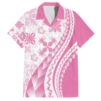 Pink Hawaiian Quilt Pattern Family Matching Puletasi and Hawaiian Shirt Mixed Polynesian Tribal Arty