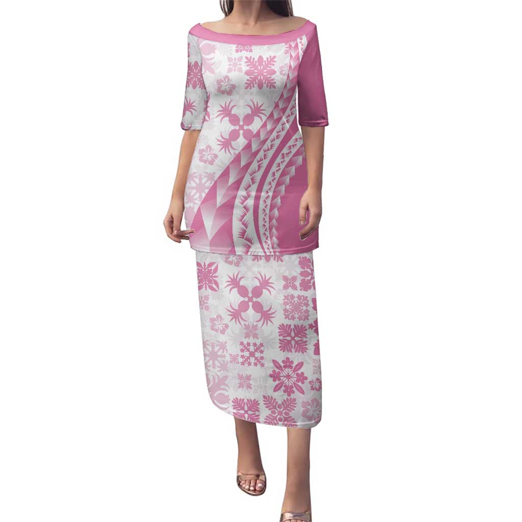 Pink Hawaiian Quilt Pattern Family Matching Puletasi and Hawaiian Shirt Mixed Polynesian Tribal Arty