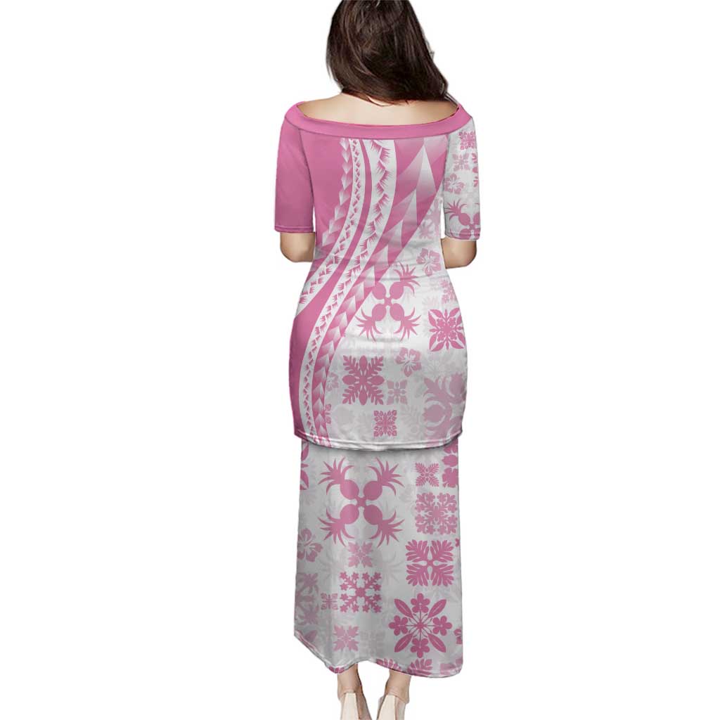 Pink Hawaiian Quilt Pattern Family Matching Puletasi and Hawaiian Shirt Mixed Polynesian Tribal Arty