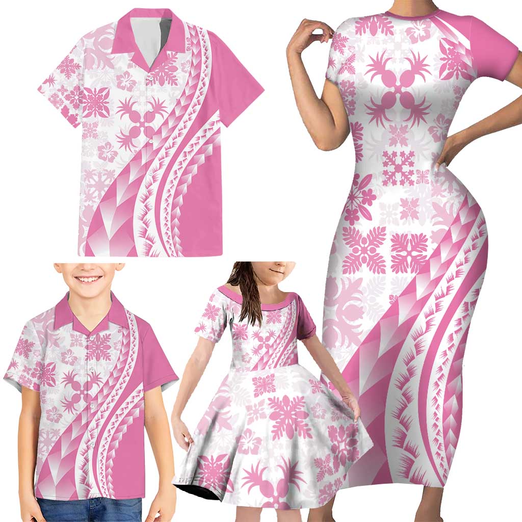 Pink Hawaiian Quilt Pattern Family Matching Short Sleeve Bodycon Dress and Hawaiian Shirt Mixed Polynesian Tribal Arty