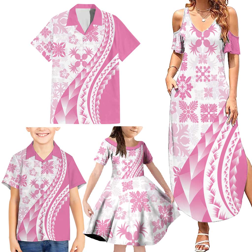 Pink Hawaiian Quilt Pattern Family Matching Summer Maxi Dress and Hawaiian Shirt Mixed Polynesian Tribal Arty