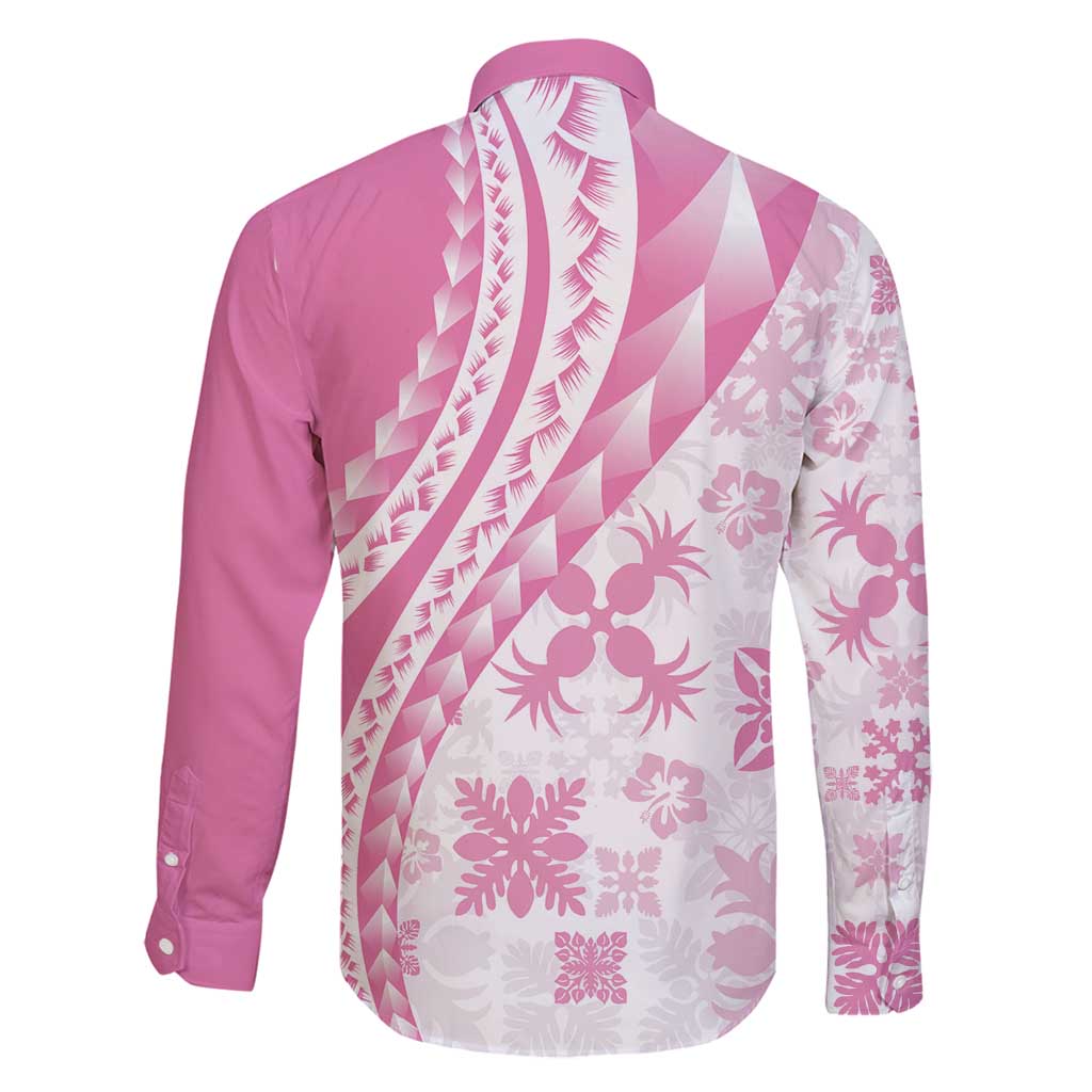 Pink Hawaiian Quilt Pattern Family Matching Summer Maxi Dress and Hawaiian Shirt Mixed Polynesian Tribal Arty