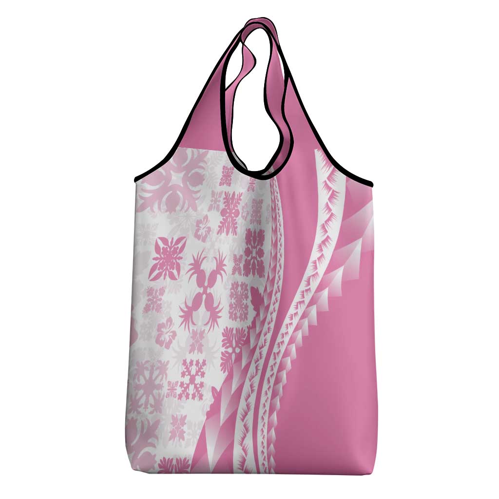 Pink Hawaiian Quilt Pattern Grocery Bag Mixed Polynesian Tribal Arty