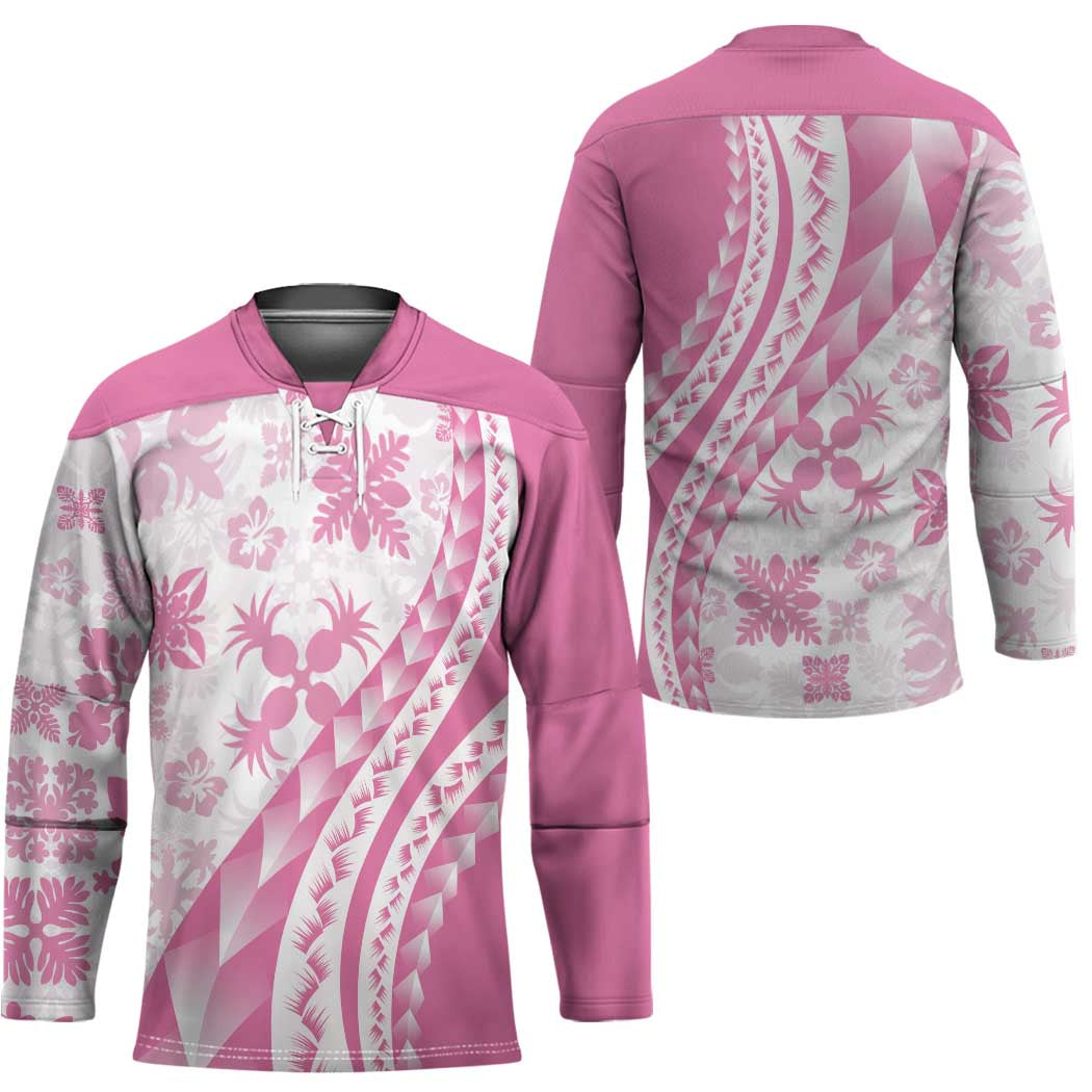 Pink Hawaiian Quilt Pattern Hockey Jersey Mixed Polynesian Tribal Arty - Polynesian Pride