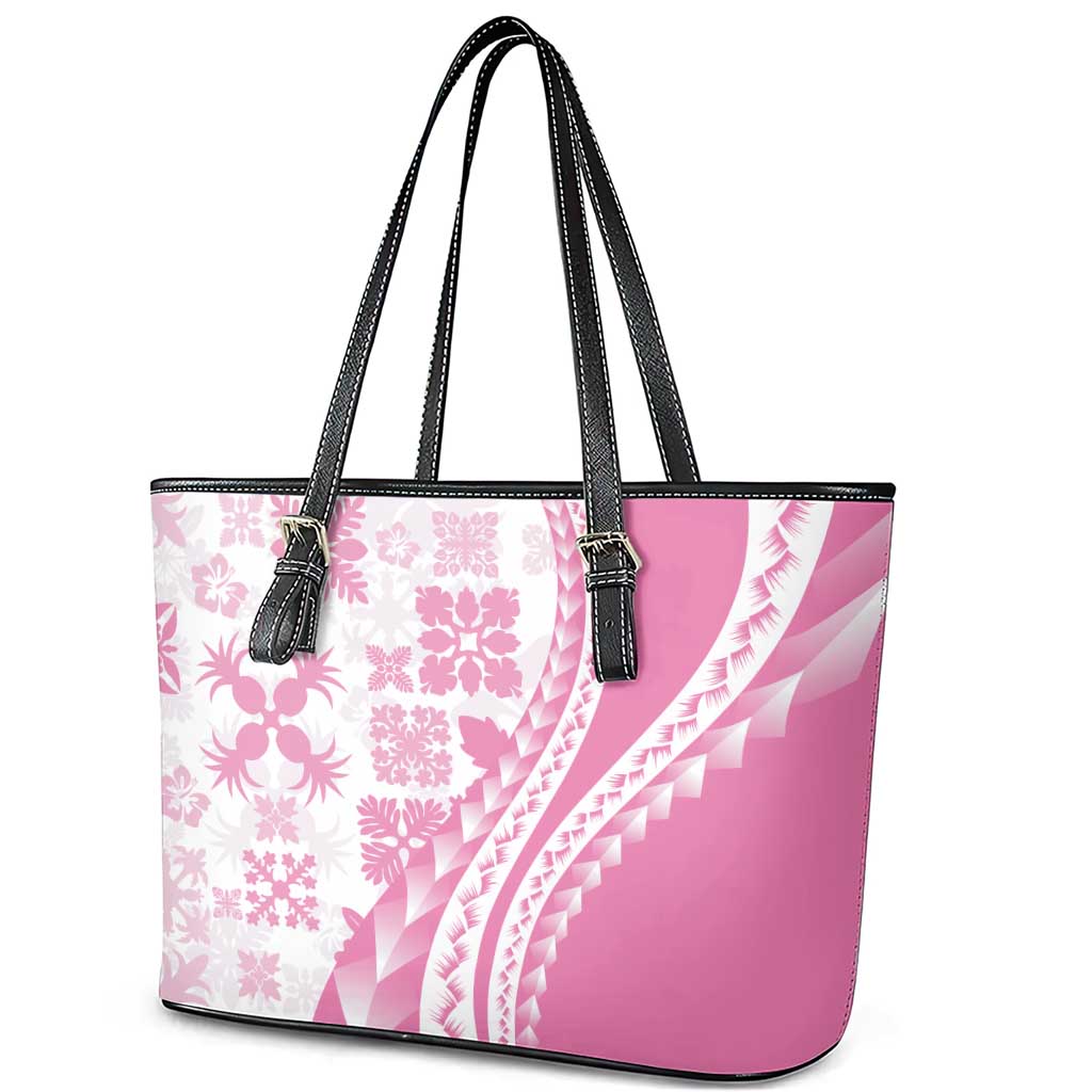 Pink Hawaiian Quilt Pattern Leather Tote Bag Mixed Polynesian Tribal Arty