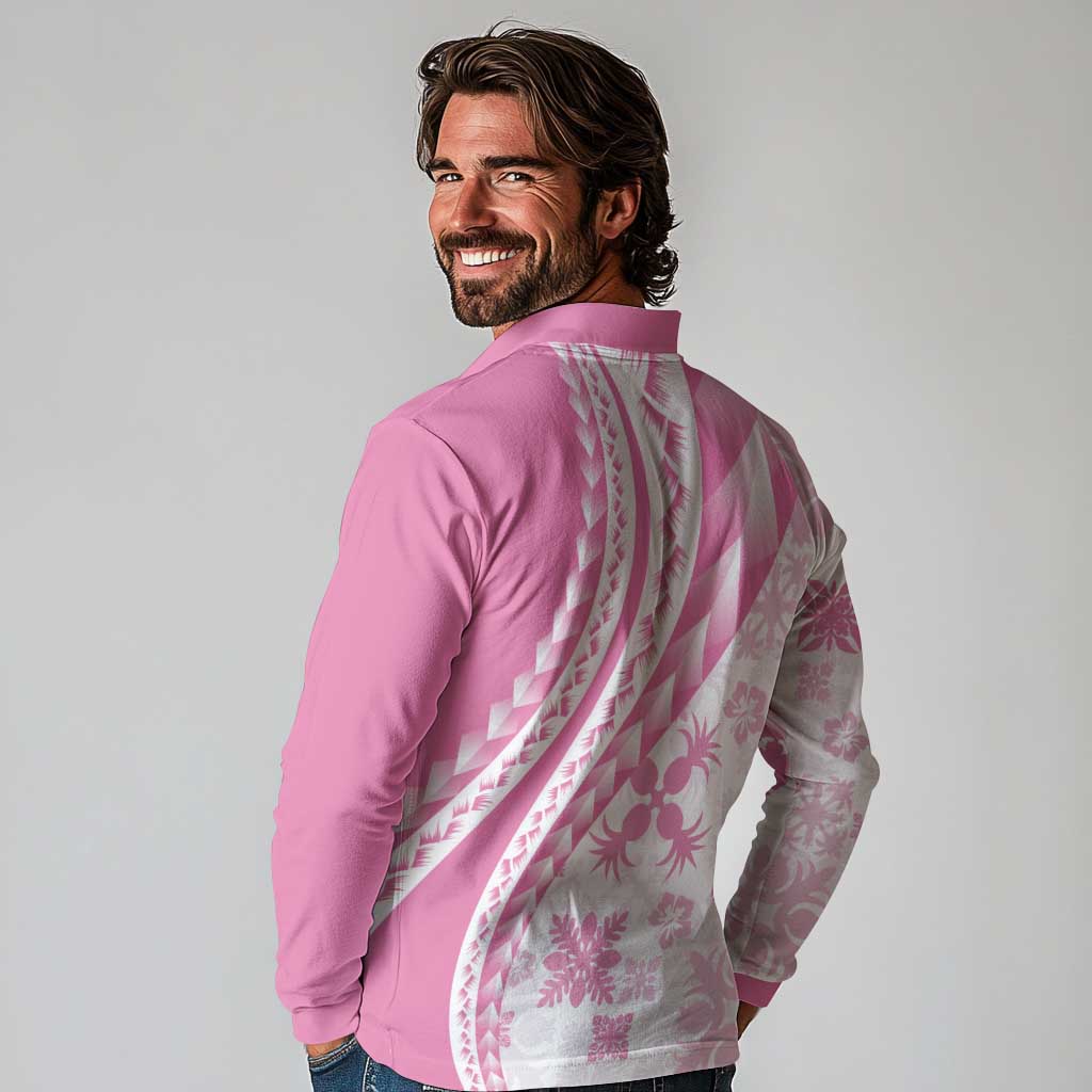 Pink Hawaiian Quilt Pattern Long Sleeve Polo Shirt Mixed Polynesian Tribal Arty