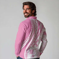 Pink Hawaiian Quilt Pattern Long Sleeve Polo Shirt Mixed Polynesian Tribal Arty