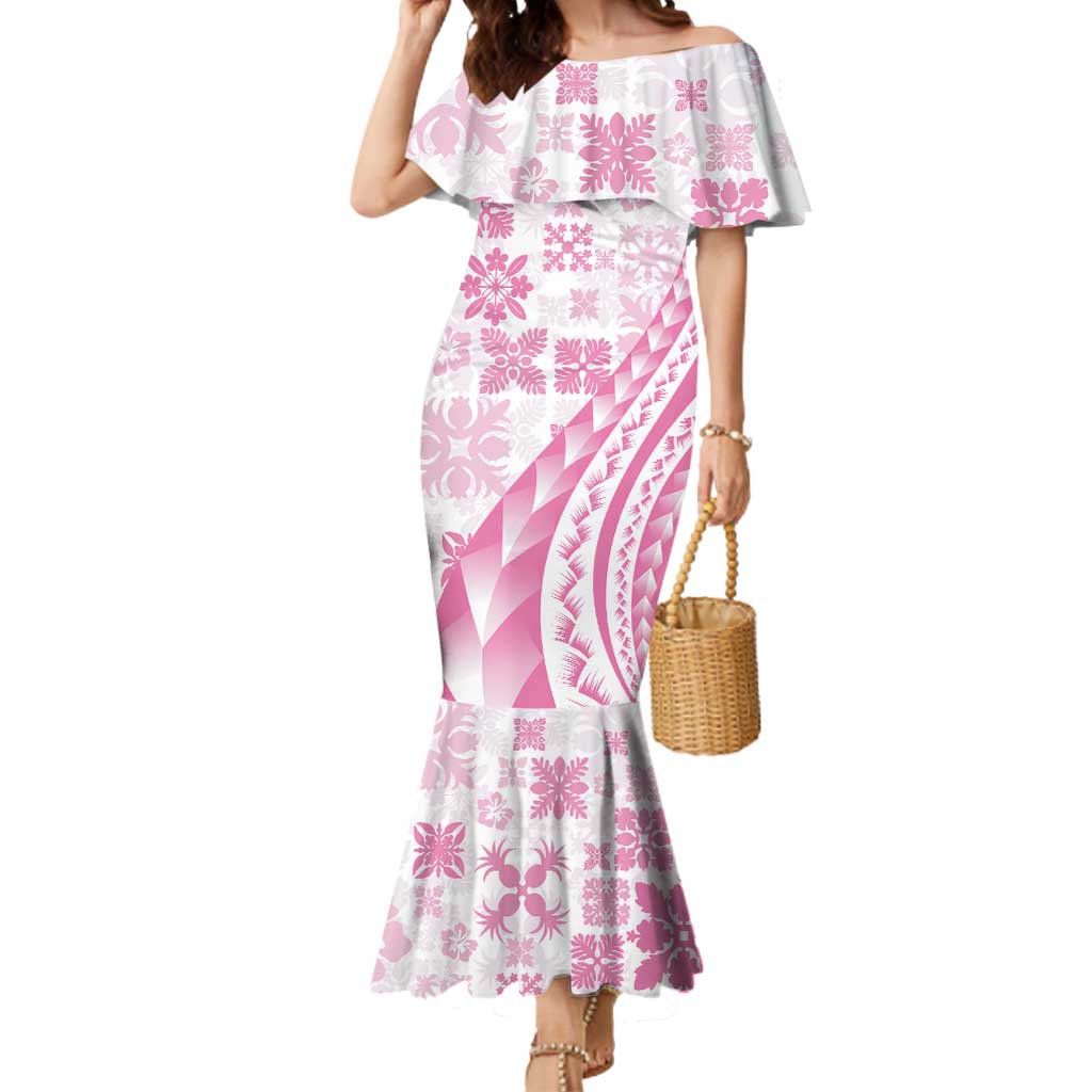 Pink Hawaiian Quilt Pattern Mermaid Dress Mixed Polynesian Tribal Arty