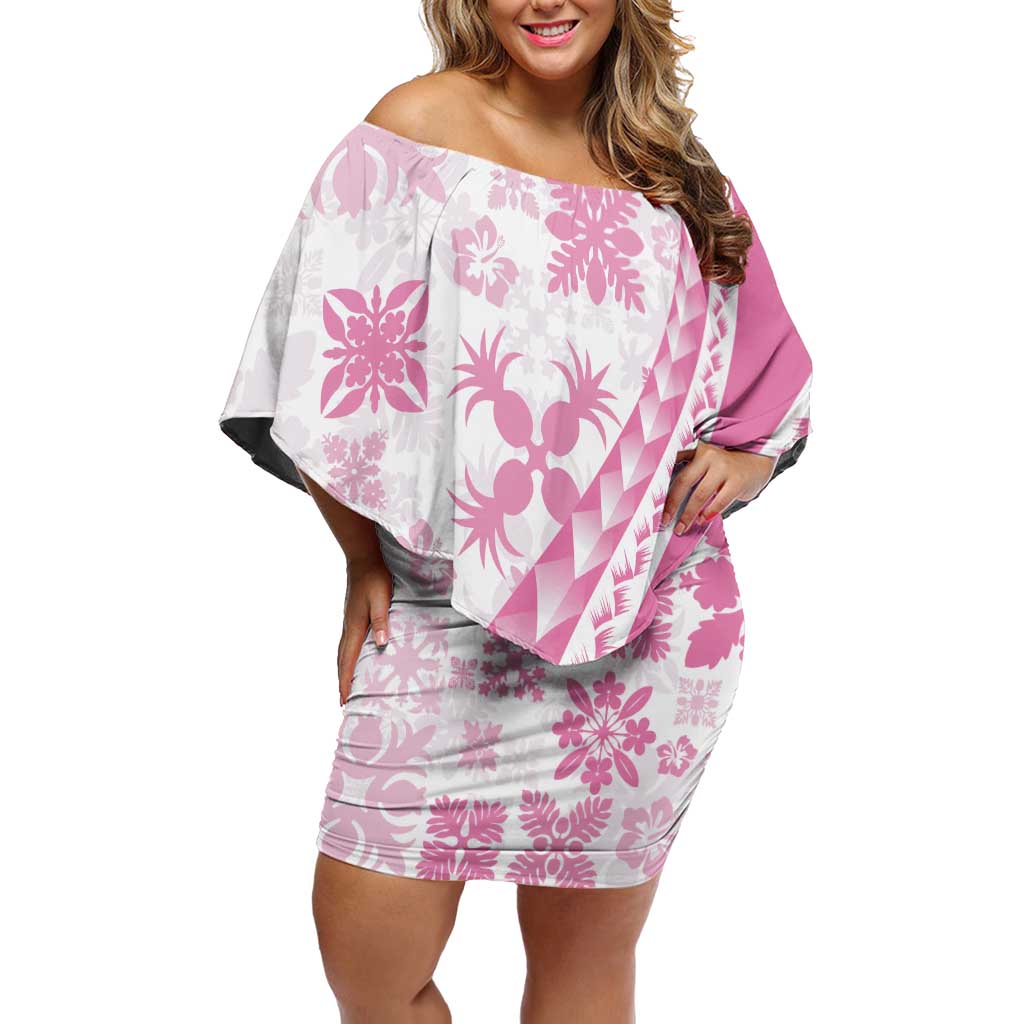 Pink Hawaiian Quilt Pattern Off Shoulder Short Dress Mixed Polynesian Tribal Arty