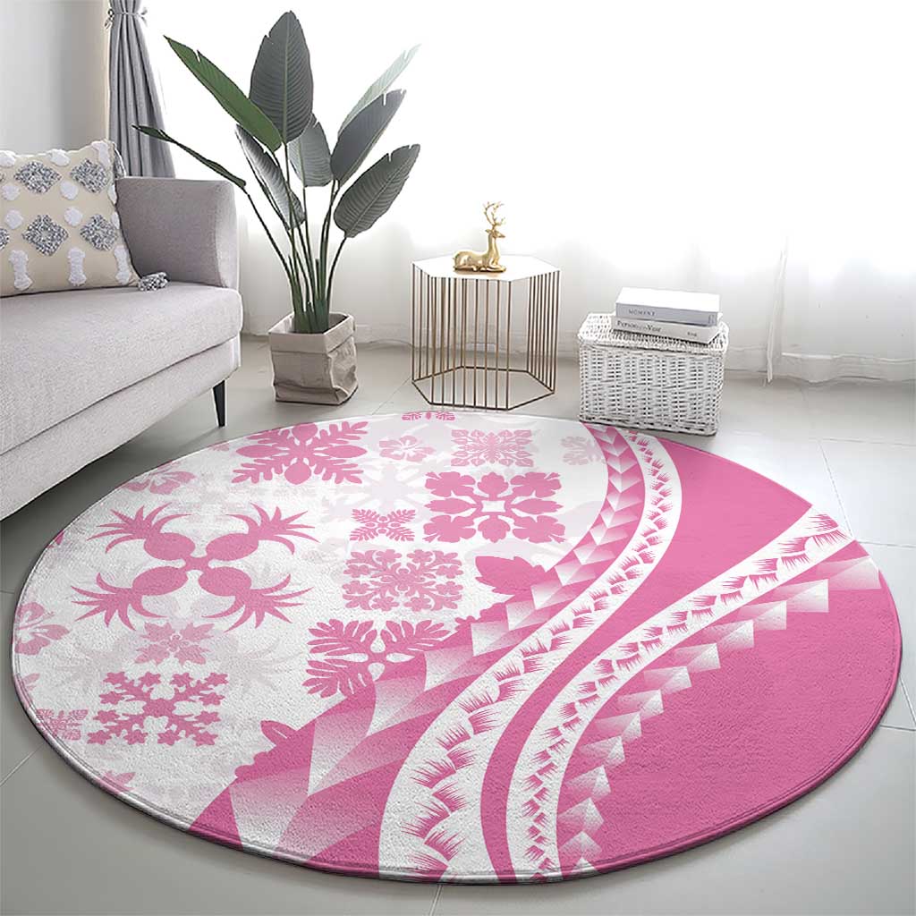 Pink Hawaiian Quilt Pattern Round Carpet Mixed Polynesian Tribal Arty