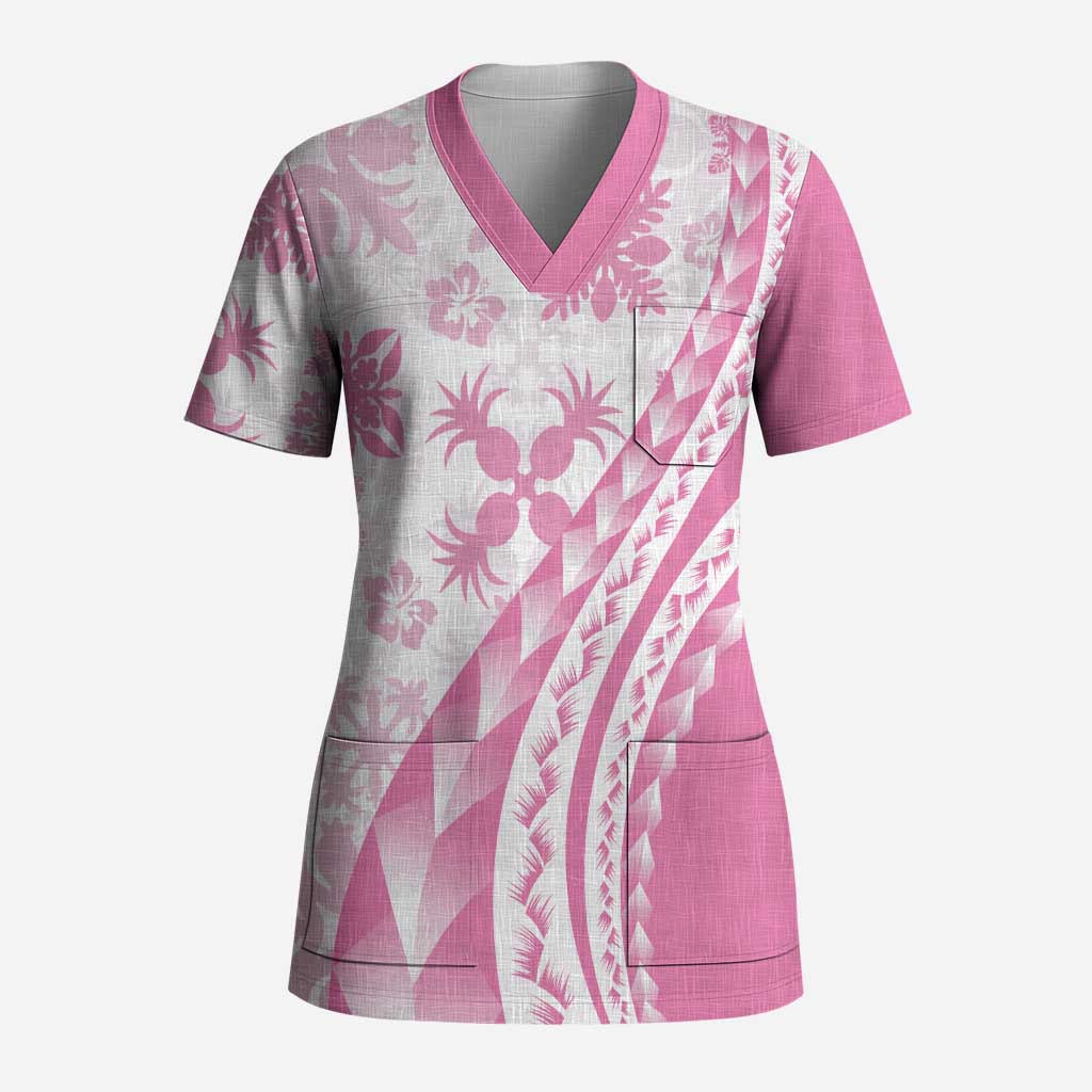 Pink Hawaiian Quilt Pattern Scrub Top Mixed Polynesian Tribal Arty - Polynesian Pride