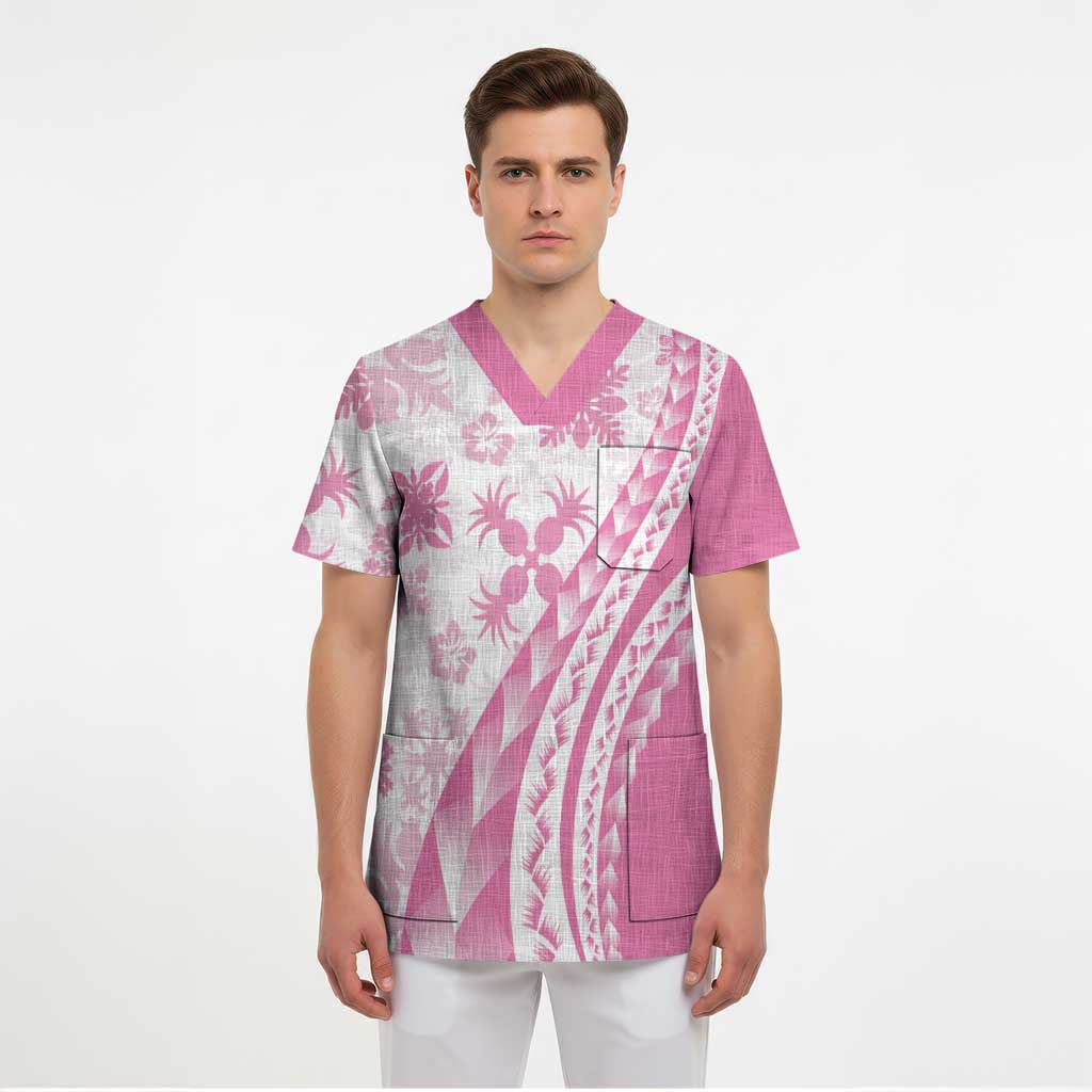 Pink Hawaiian Quilt Pattern Scrub Top Mixed Polynesian Tribal Arty - Polynesian Pride