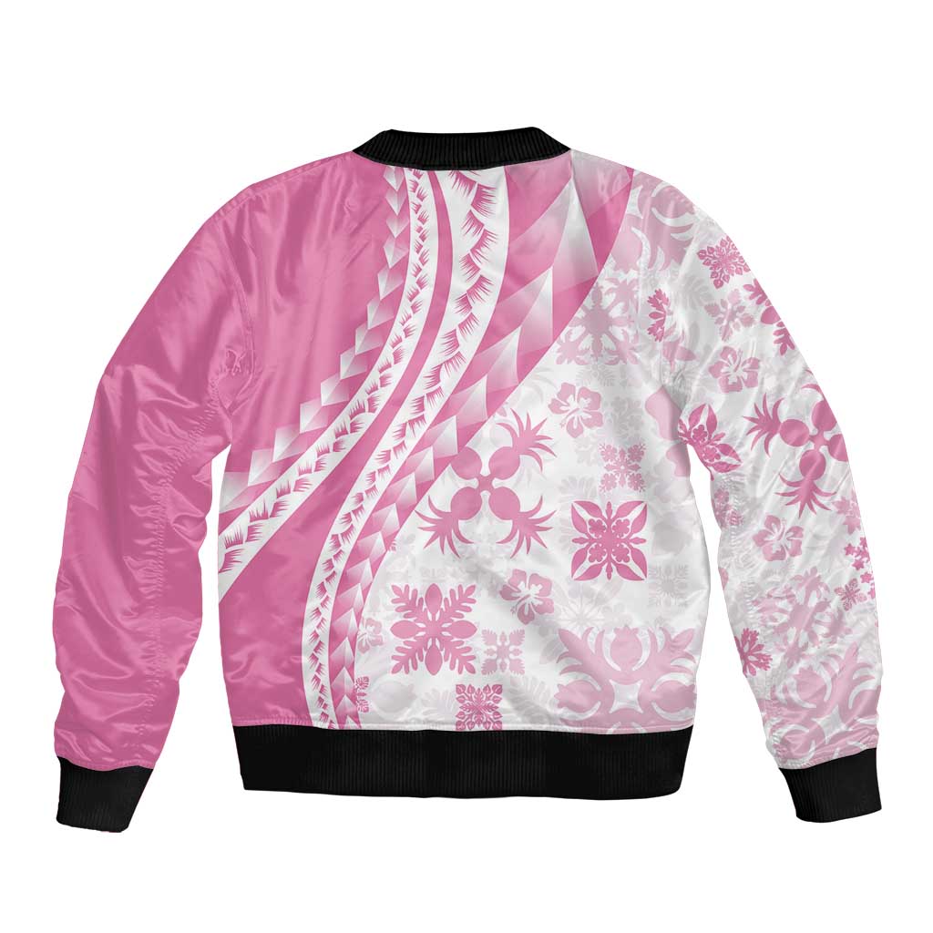 Pink Hawaiian Quilt Pattern Sleeve Zip Bomber Jacket Mixed Polynesian Tribal Arty