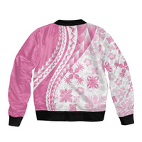 Pink Hawaiian Quilt Pattern Sleeve Zip Bomber Jacket Mixed Polynesian Tribal Arty
