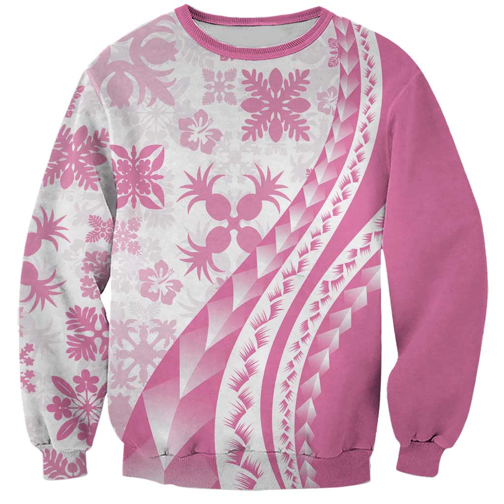 Pink Hawaiian Quilt Pattern Sweatshirt Mixed Polynesian Tribal Arty