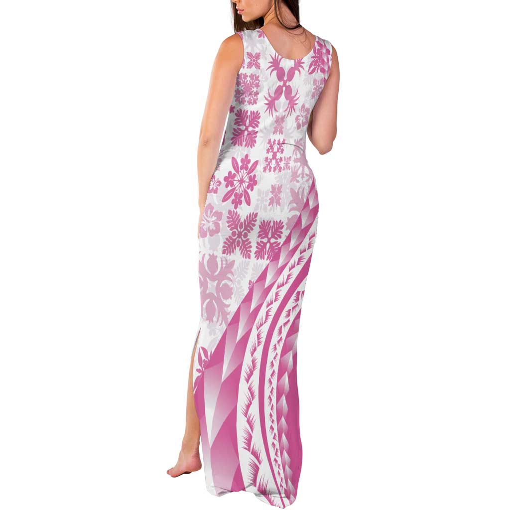 Pink Hawaiian Quilt Pattern Tank Maxi Dress Mixed Polynesian Tribal Arty