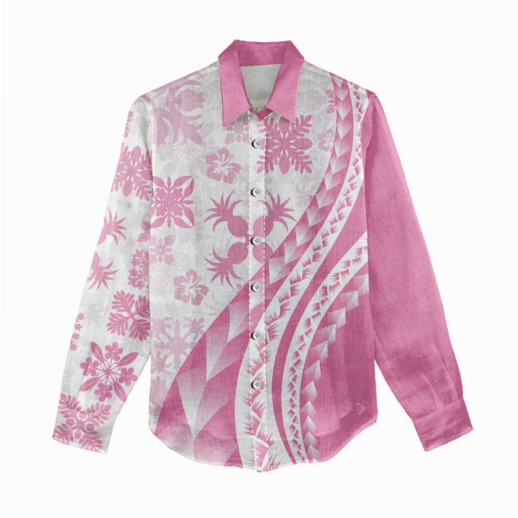 Pink Hawaiian Quilt Pattern Women Casual Shirt Mixed Polynesian Tribal Arty