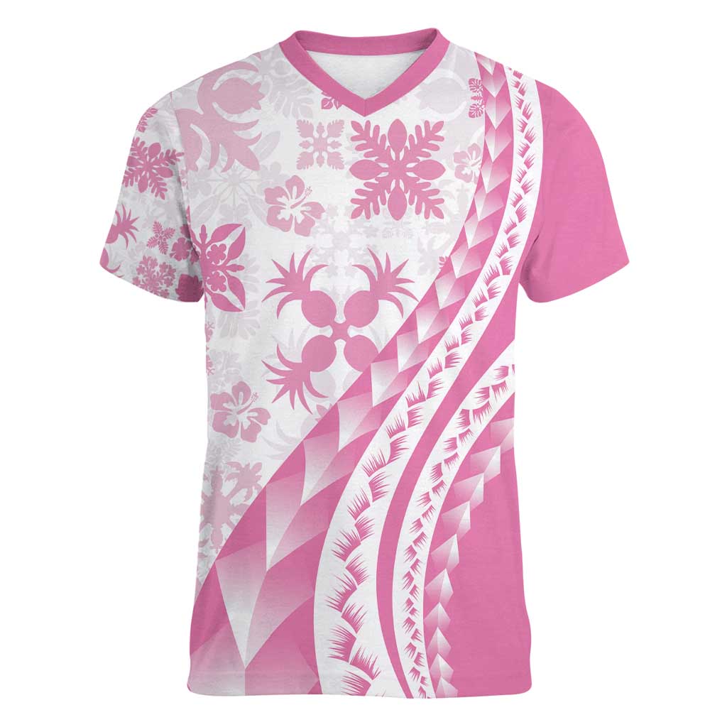 Pink Hawaiian Quilt Pattern Women V-Neck T-Shirt Mixed Polynesian Tribal Arty