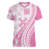 Pink Hawaiian Quilt Pattern Women V-Neck T-Shirt Mixed Polynesian Tribal Arty