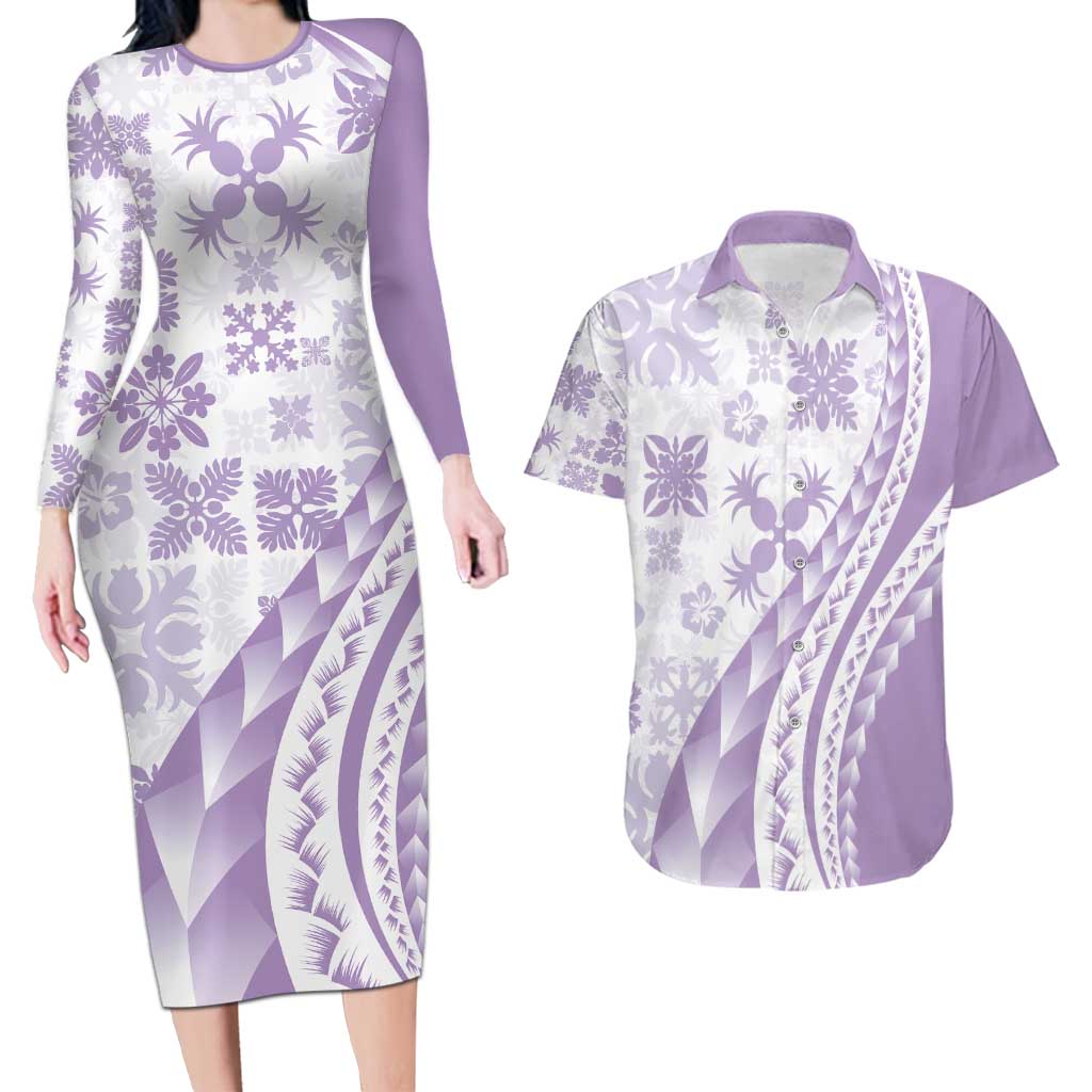 Purple Hawaiian Quilt Pattern Couples Matching Long Sleeve Bodycon Dress and Hawaiian Shirt Mixed Polynesian Tribal Arty