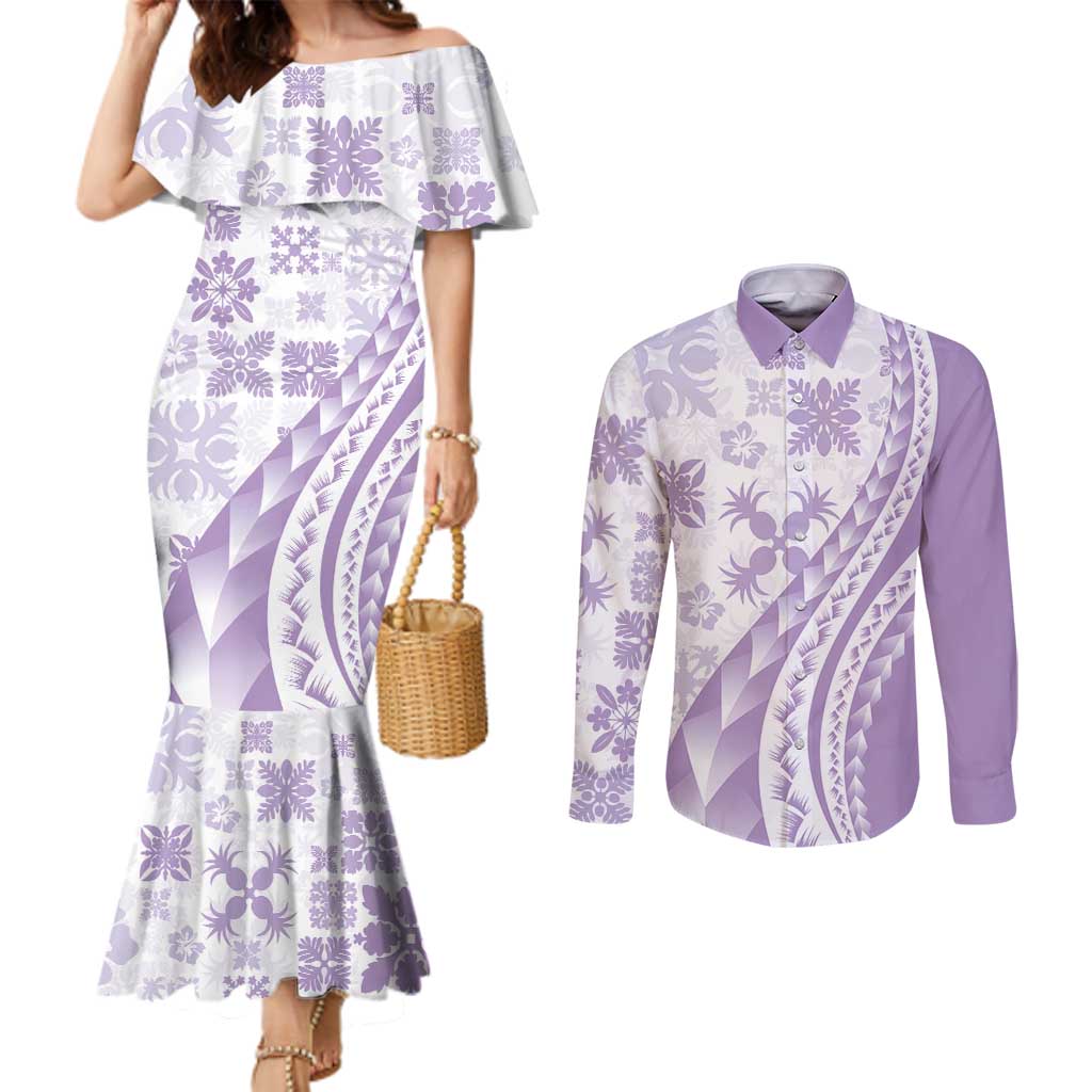 Purple Hawaiian Quilt Pattern Couples Matching Mermaid Dress and Long Sleeve Button Shirt Mixed Polynesian Tribal Arty
