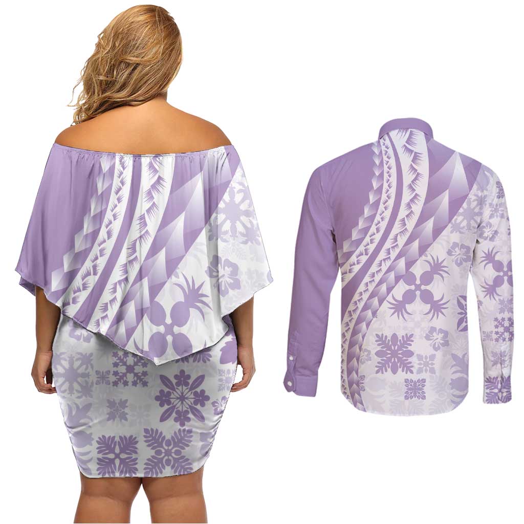 Purple Hawaiian Quilt Pattern Couples Matching Off Shoulder Short Dress and Long Sleeve Button Shirt Mixed Polynesian Tribal Arty