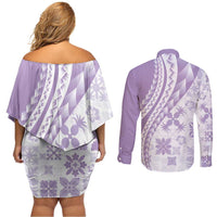 Purple Hawaiian Quilt Pattern Couples Matching Off Shoulder Short Dress and Long Sleeve Button Shirt Mixed Polynesian Tribal Arty