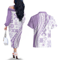 Purple Hawaiian Quilt Pattern Couples Matching Off The Shoulder Long Sleeve Dress and Hawaiian Shirt Mixed Polynesian Tribal Arty