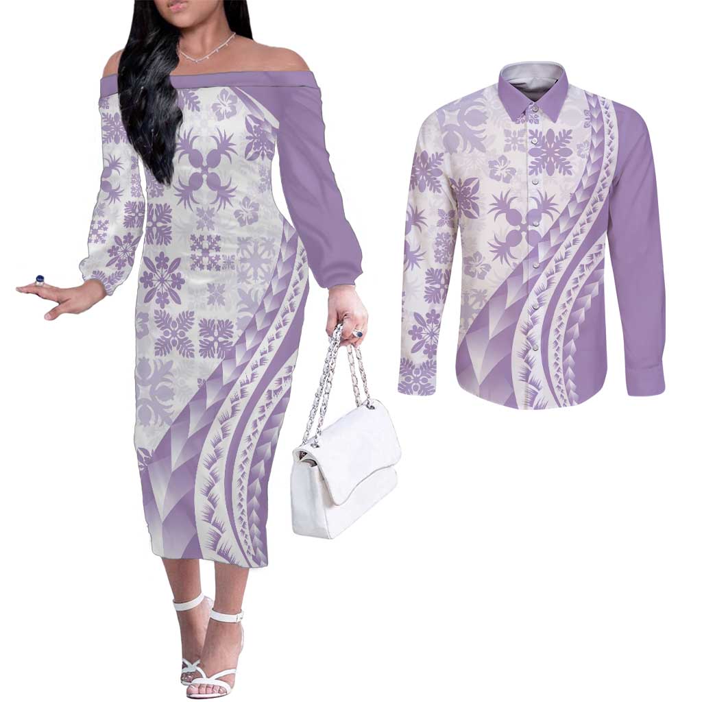 Purple Hawaiian Quilt Pattern Couples Matching Off The Shoulder Long Sleeve Dress and Long Sleeve Button Shirt Mixed Polynesian Tribal Arty